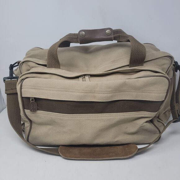Vtg Eddie Bauer Ford Leather Trim Khaki Tan Canvas Duffle Bag Carry On 22x12x12 - Picture 1 of 12